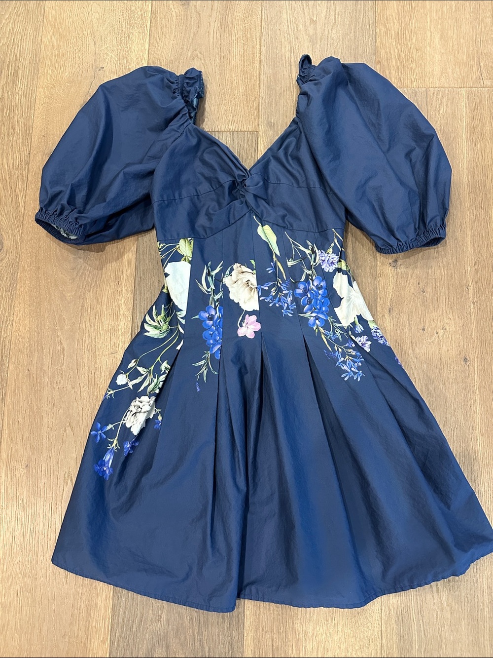 Express Navy Floral Mini Dress with Puff Sleeves